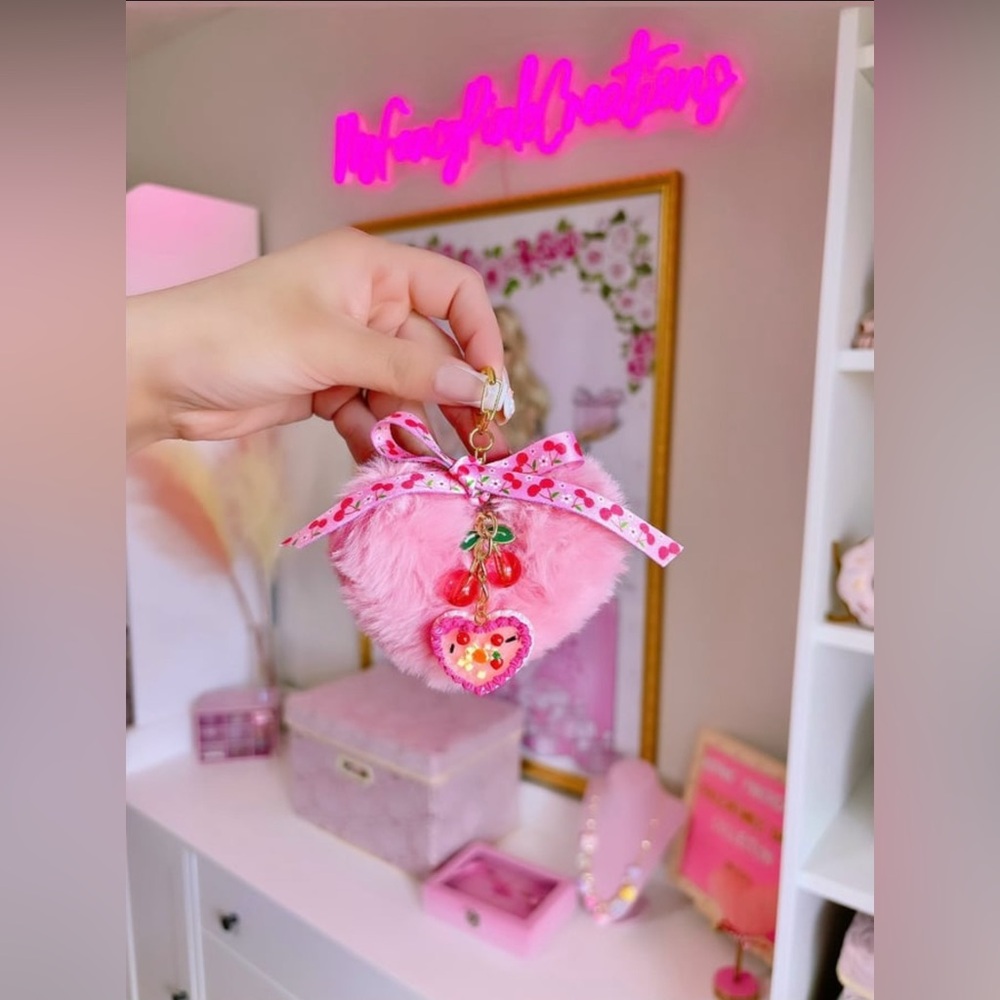 Handmade Cherry Heart Pom Keychain
